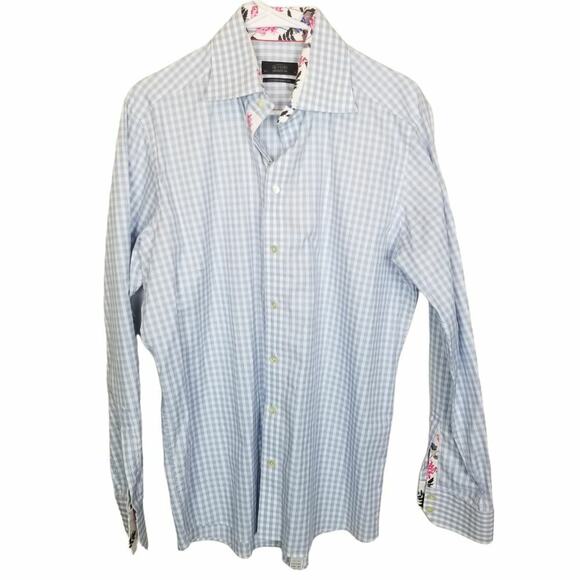 Eton Other - Eton Mens Gingham Dress Shirt Floral Cuffs Size 42 Formal Wedding Career Office